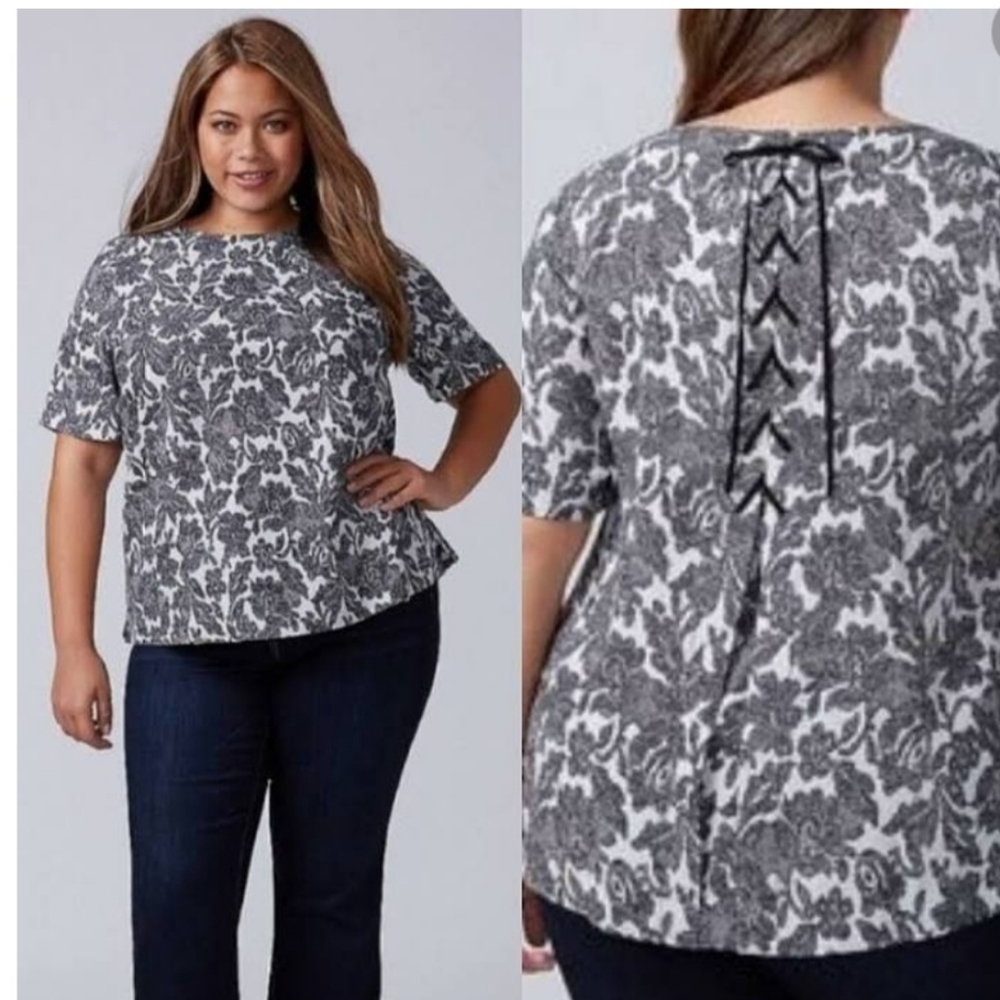 Lane Bryant Black White Embroidered Floral Tie Back Blouse NWT